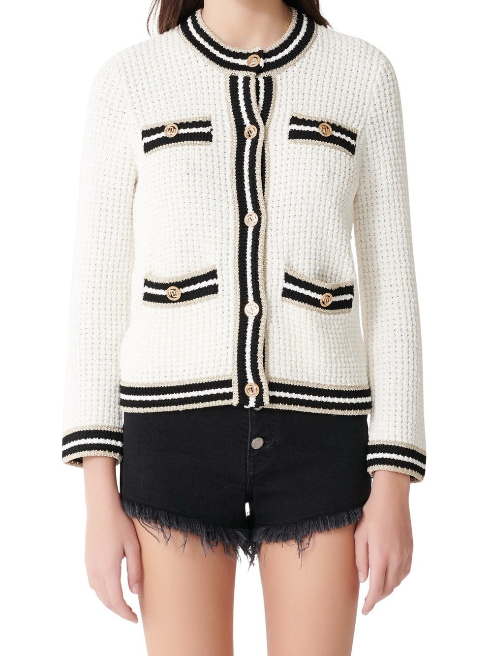 Maje Cotton Linen Blend Marquette Cardigan Black Cream Stripe Metallic Detail L